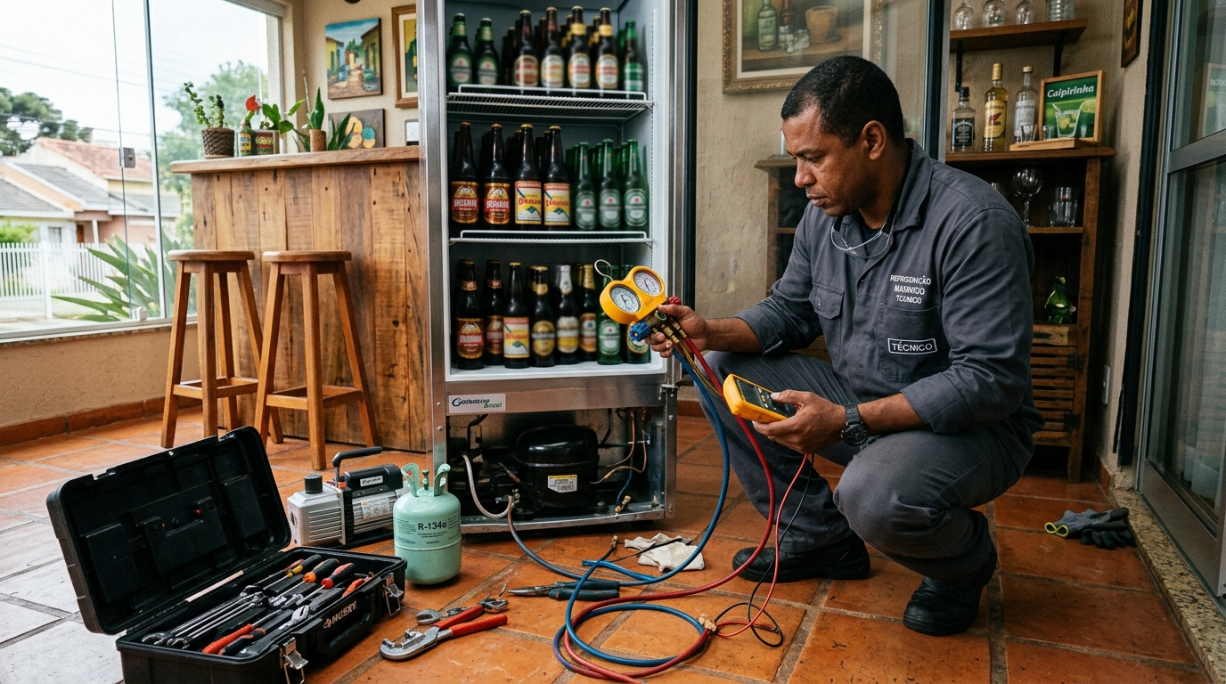 Técnico realizando manutenção de motor de cervejeira no Centro, Fortaleza‑CE