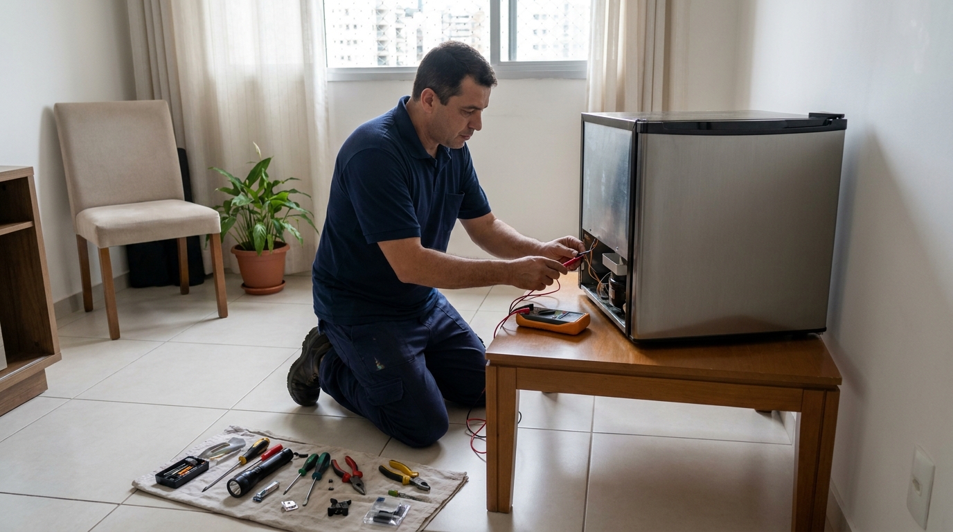Técnico realizando manutenção de motor de frigobar no Benfica, Fortaleza‑CE