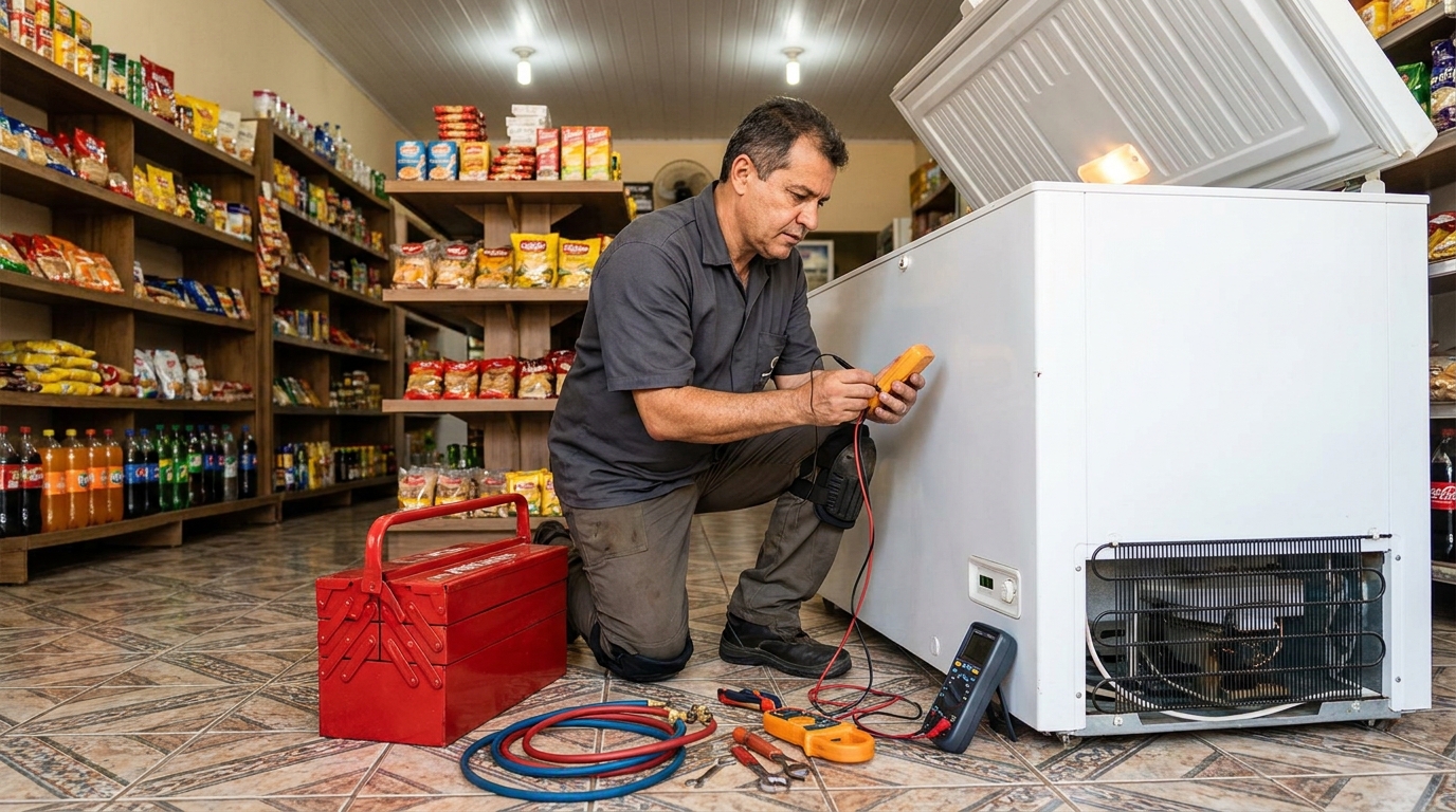 Recarga de gás refrigerante em freezer em atendimento na Aldeota, Fortaleza‑CE