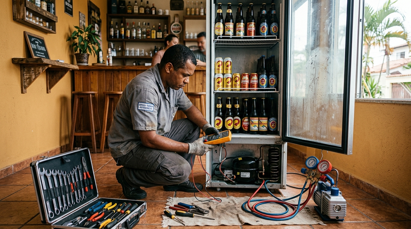 Troca de termostato de cervejeira em atendimento técnico no Centro, Fortaleza‑CE