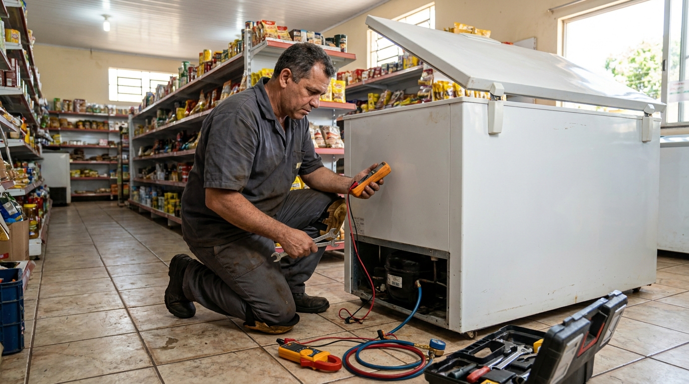 Troca de termostato de freezer em atendimento técnico na Aldeota, Fortaleza‑CE